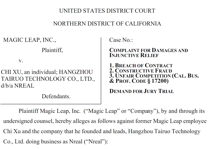 Magic Leap起诉中国AR创企，窃取技术开发类似产品