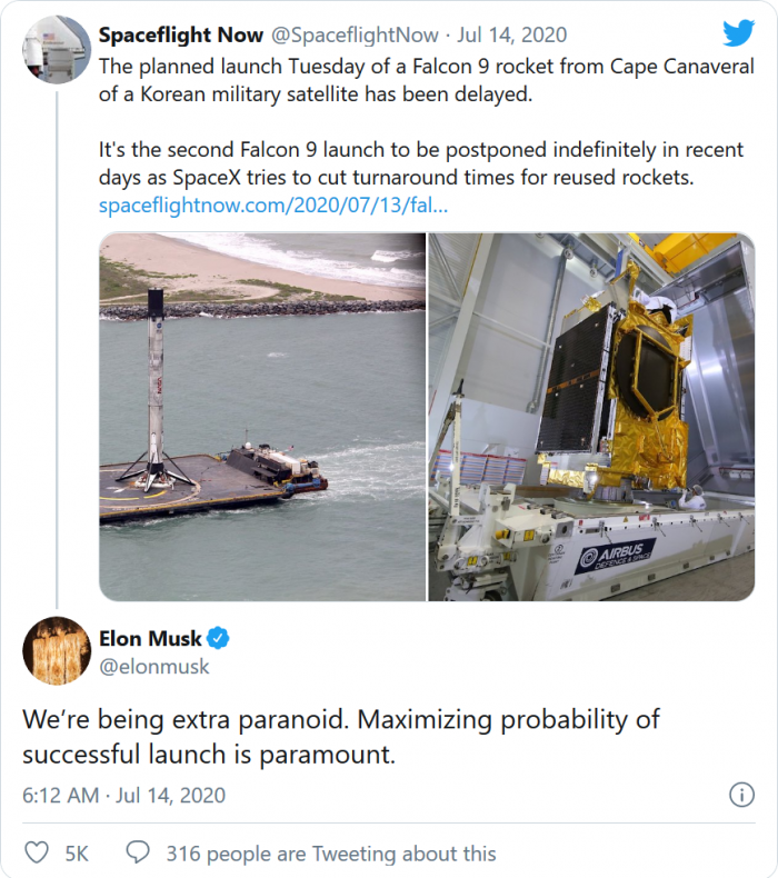 马斯克回应SpaceX推迟卫星发射原因：偏执