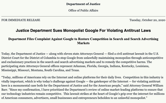 惹上大麻烦！美国司法部正式对谷歌提出反垄断诉讼