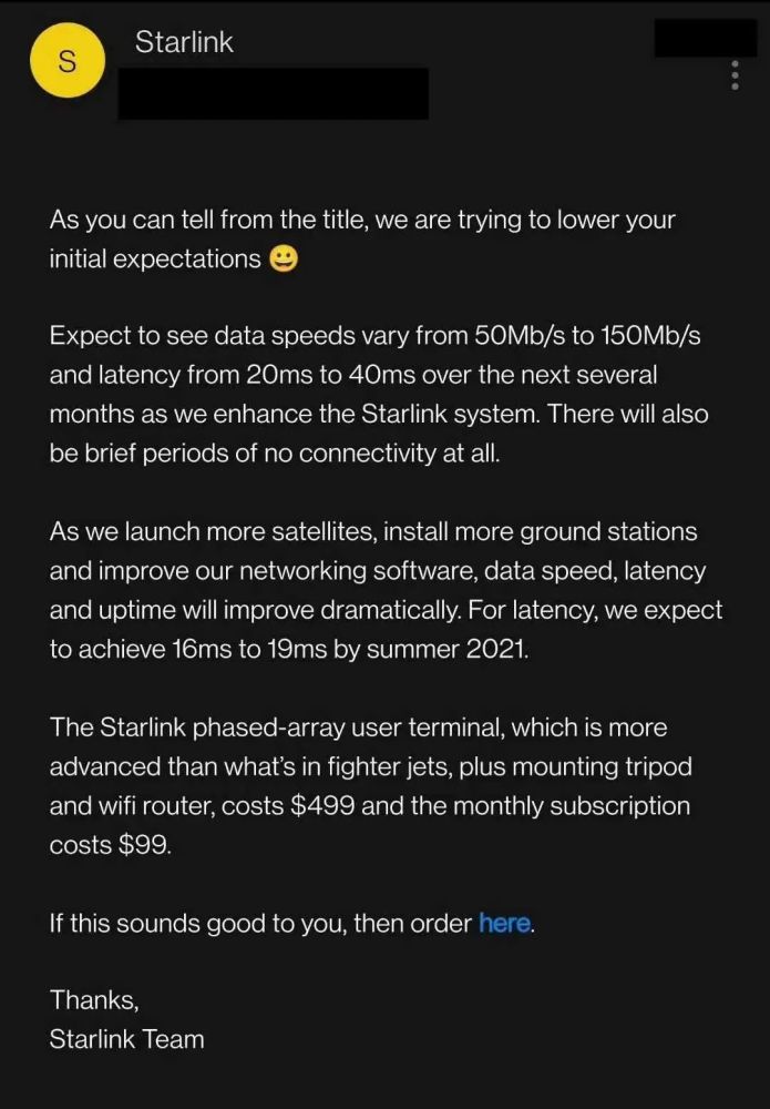 Space X星链服务首度向用户推送测试邀请，单月服务费99美元