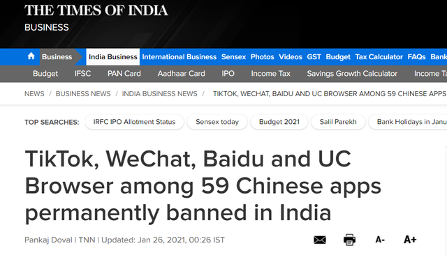 又搞事情！印度宣布将永久禁止59款中国APP，包括TikTok、百度等