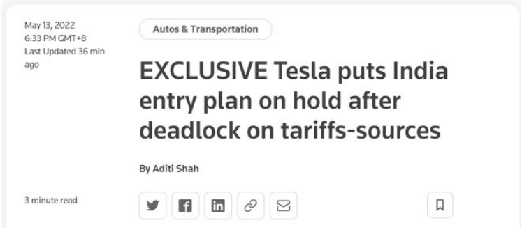 距离Model 3发布已过去6年，印度人还是没能开上特斯拉